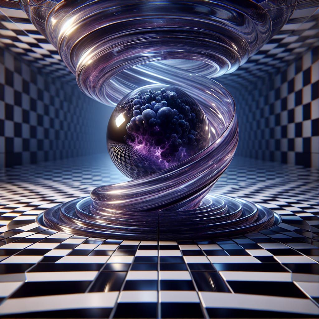 Dark Crystal Orb Over Checkered Spiral in 3D