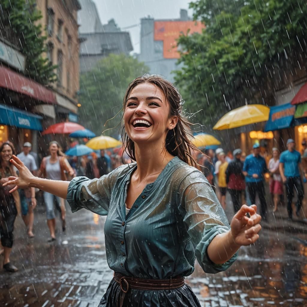 Ukrainian Girl Dancing in Rain: Hyperrealistic Splash Art