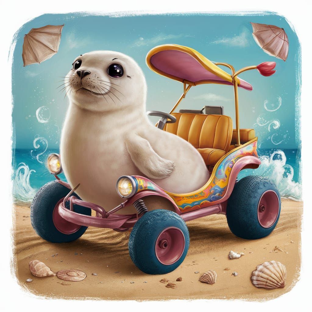 Whimsical Seal-Buggy Hybrid on a Sunny Beach
