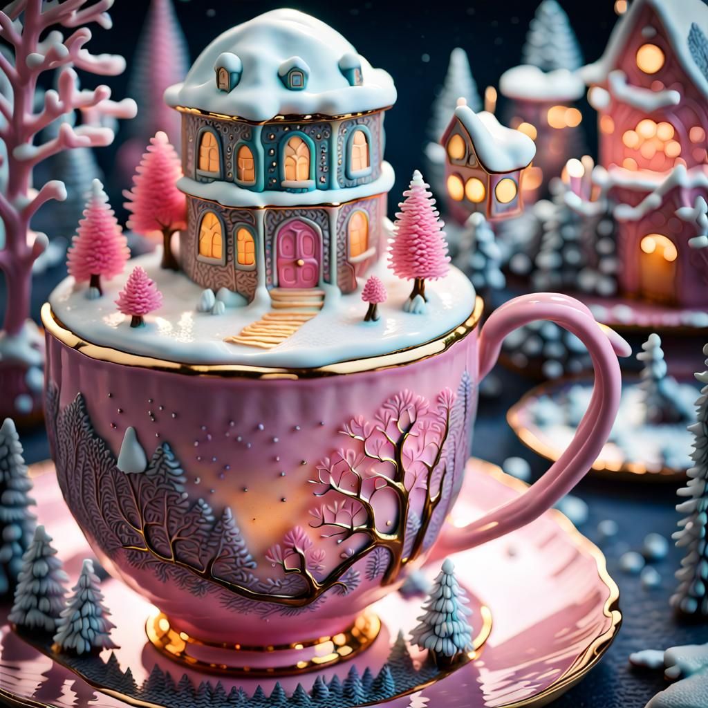 Appetizing Cake Micro-World in Porcelain Cup