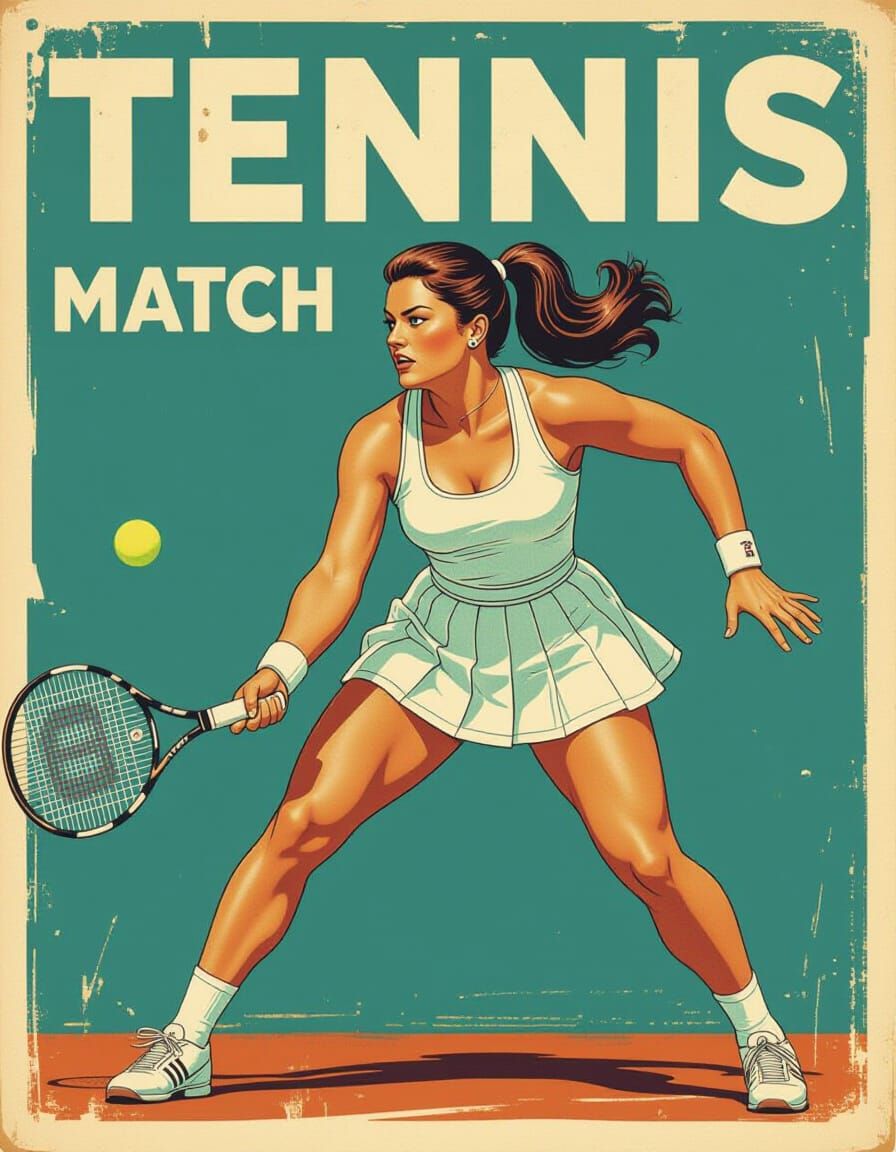 Vintage Tennis Match Poster with Curvy Athlete
