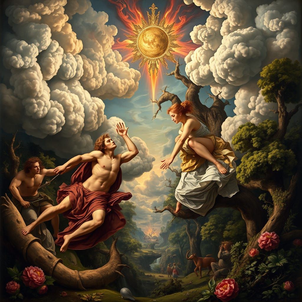 Ethereal Drama: The Fall Reimagined in Rococo Splendor