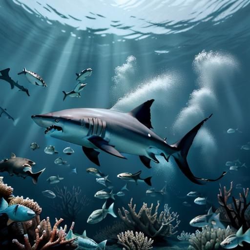 a small school of fish scattering in panic around the diver ...