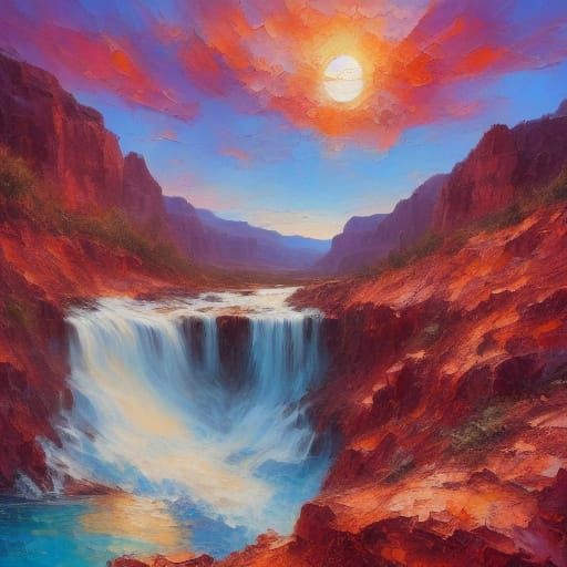 Havasupai Falls at Sunset in Painterly Style