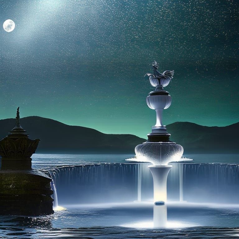 Mystical Fountain Under Moonlight