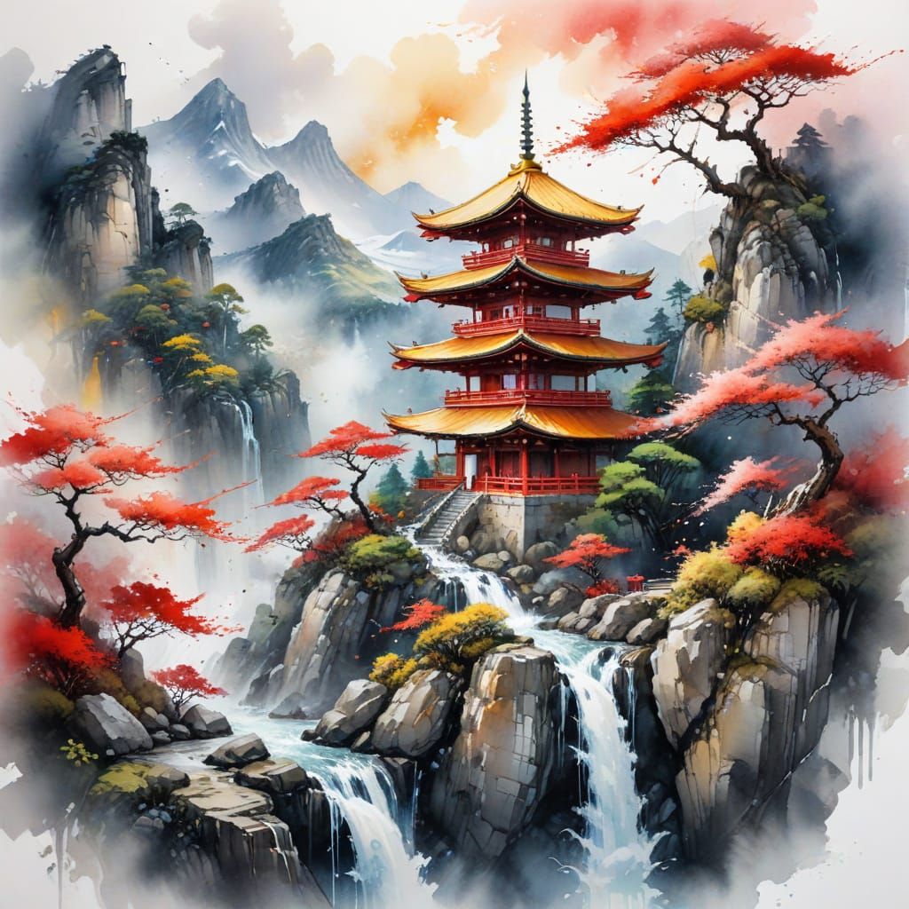 Ornate Red Pagoda in Japanese Mountain Mist