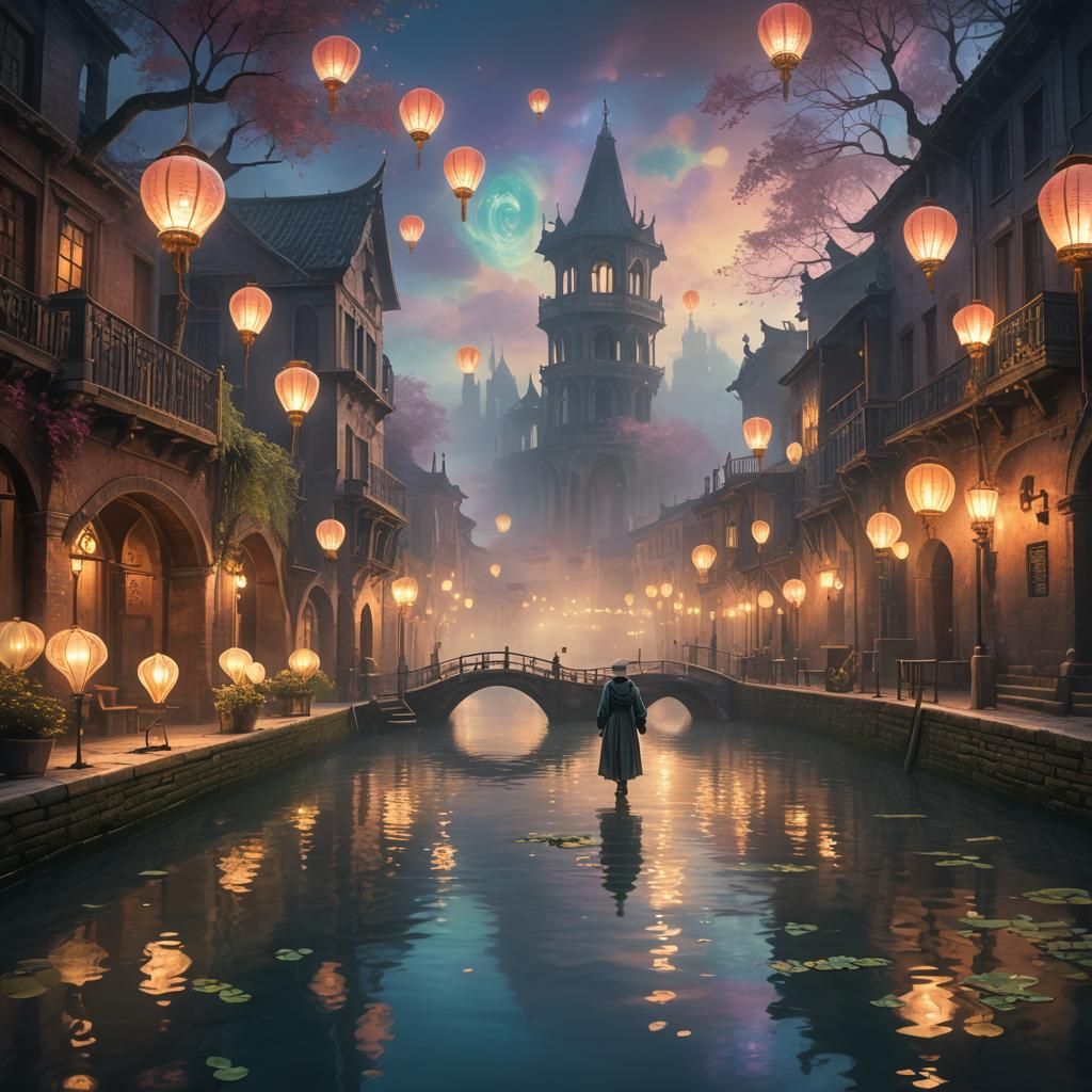 Mystical Metropolis: Ethereal Figure in Dreamlike Cityscape