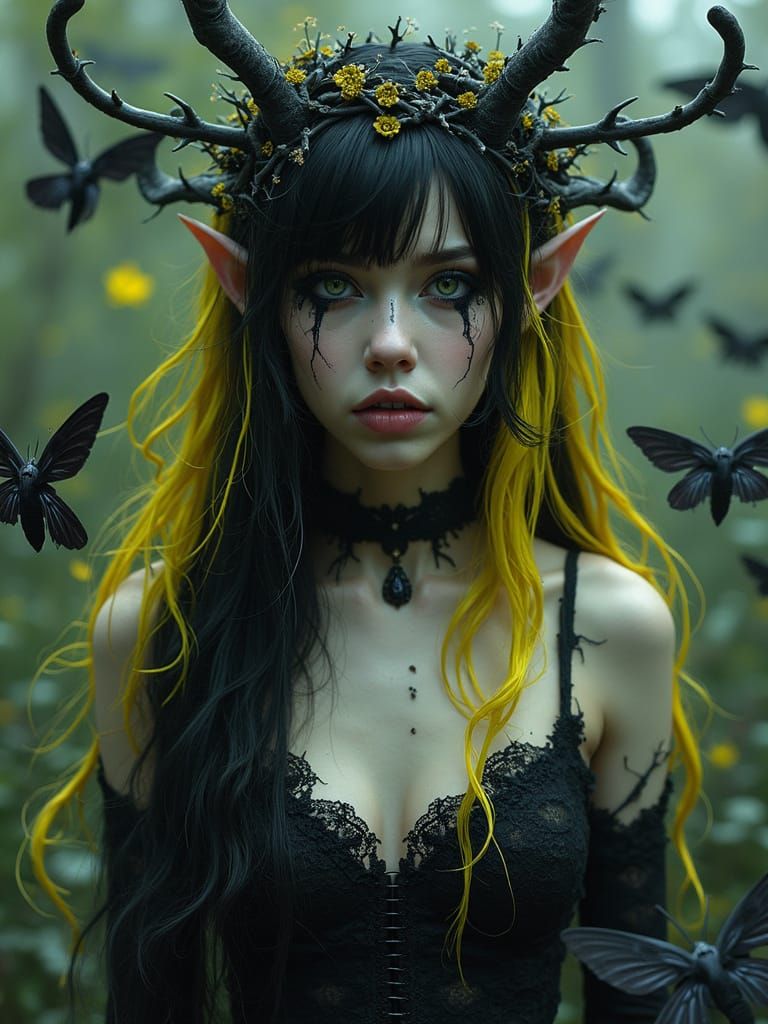 Eerie Moth Priestess Elf in Gothic Style