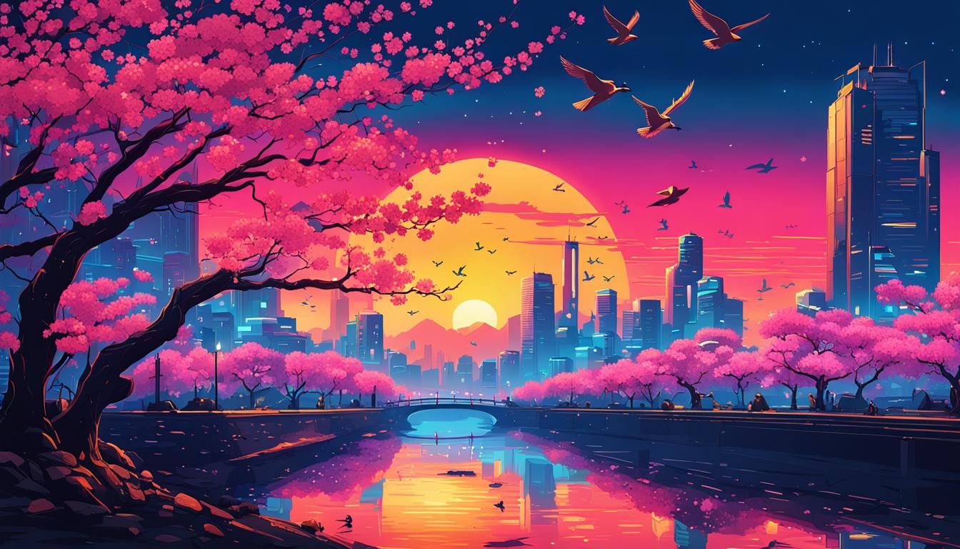 Cyberpunk Cherry Blossoms Bloom in Futuristic City