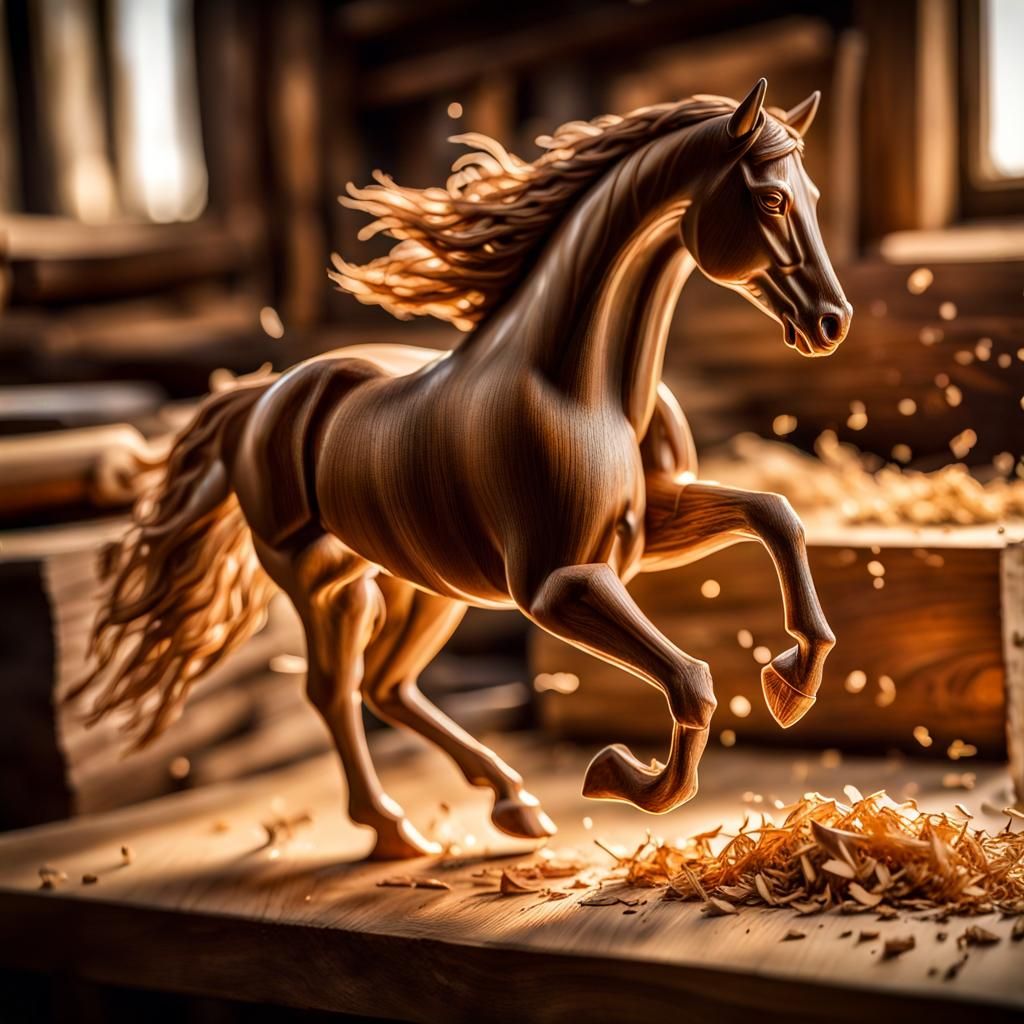 Hyperrealistic Carved Wooden Horse in Golden Light