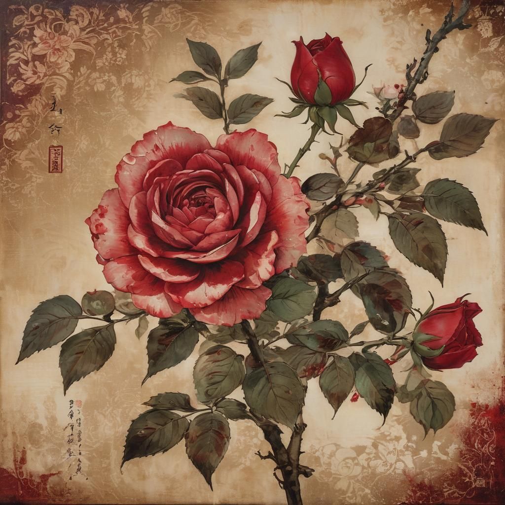Dark Red Rose in Ukiyo-e Style