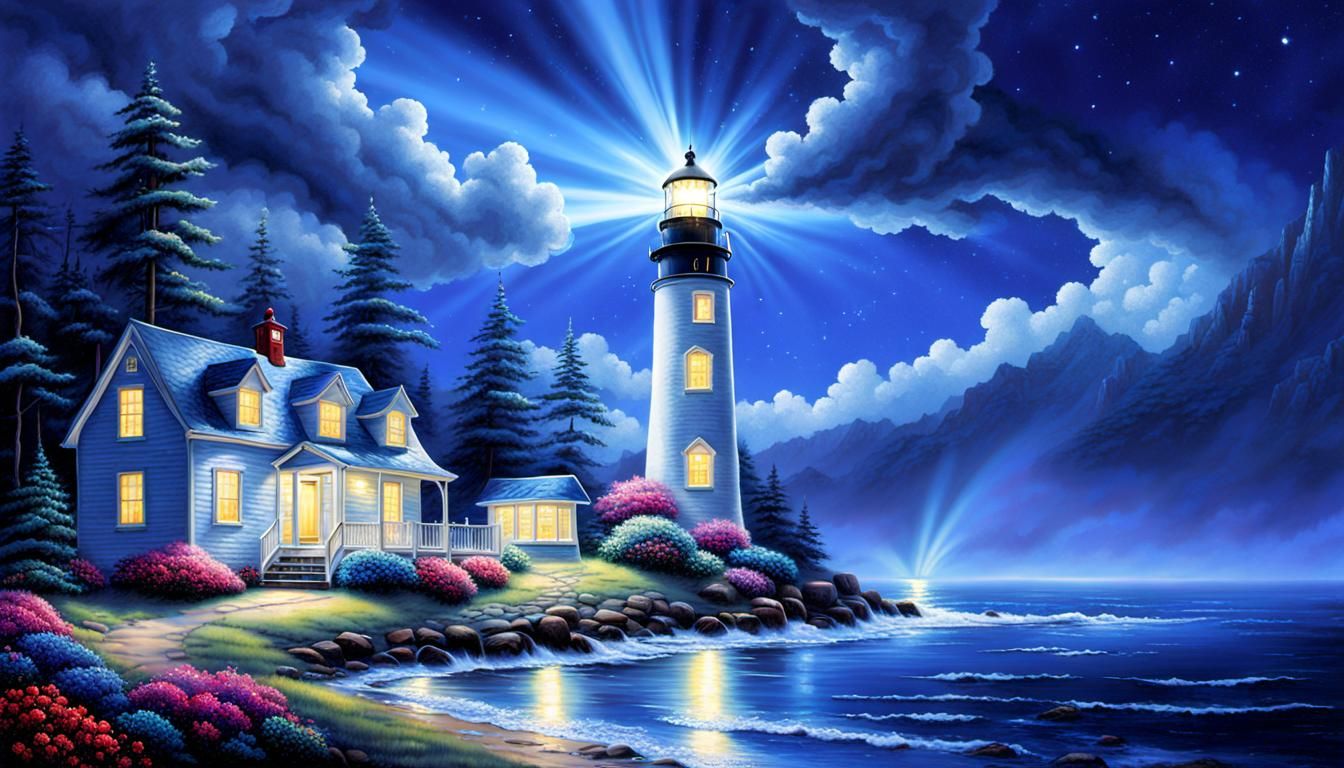 Neon Lighthouse in Sparkling Indigo Light