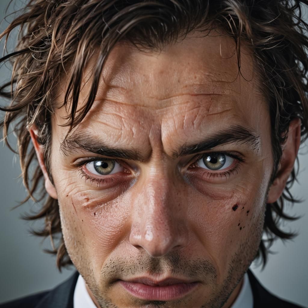 Intense Close-Up Portrait of a Man with Crazed Gaze