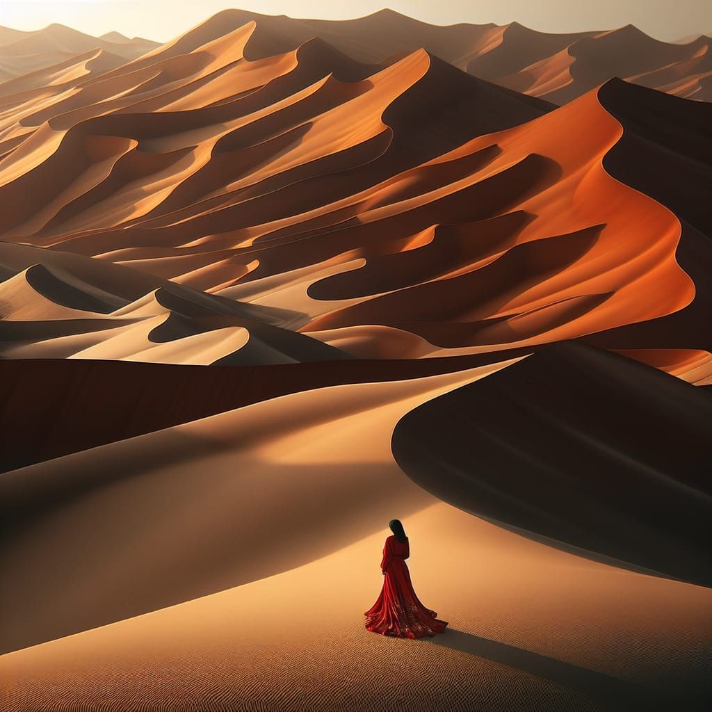 Woman in Red Dress Amidst Colorful Sand Dunes