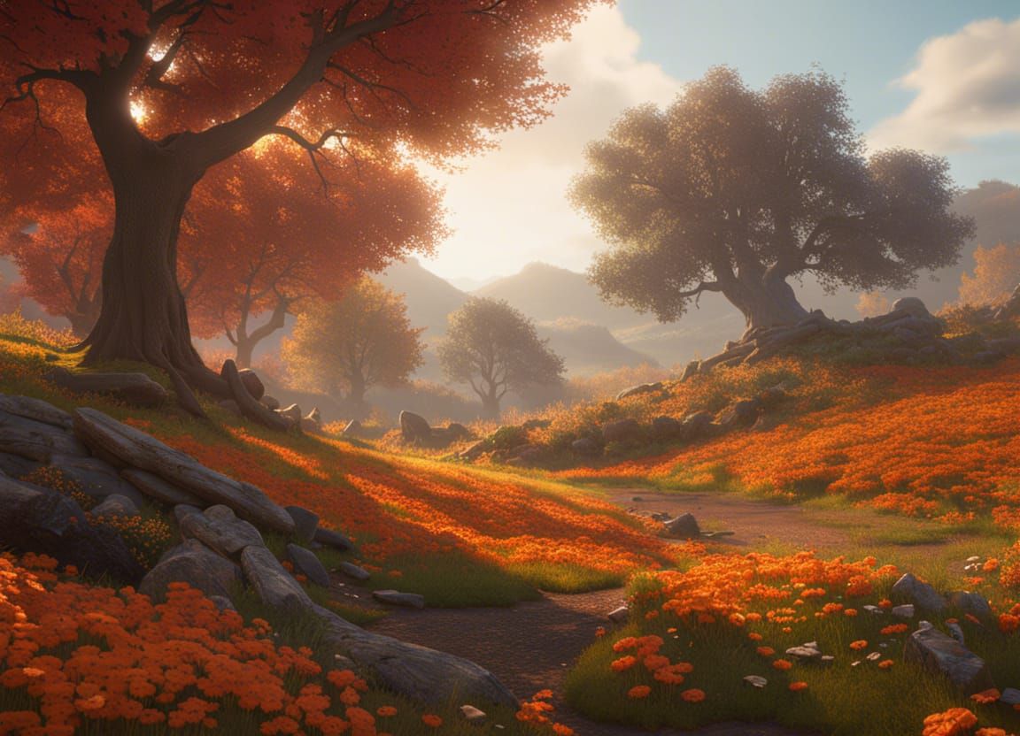 Autumn Meadow Landscape with Lonely Tree