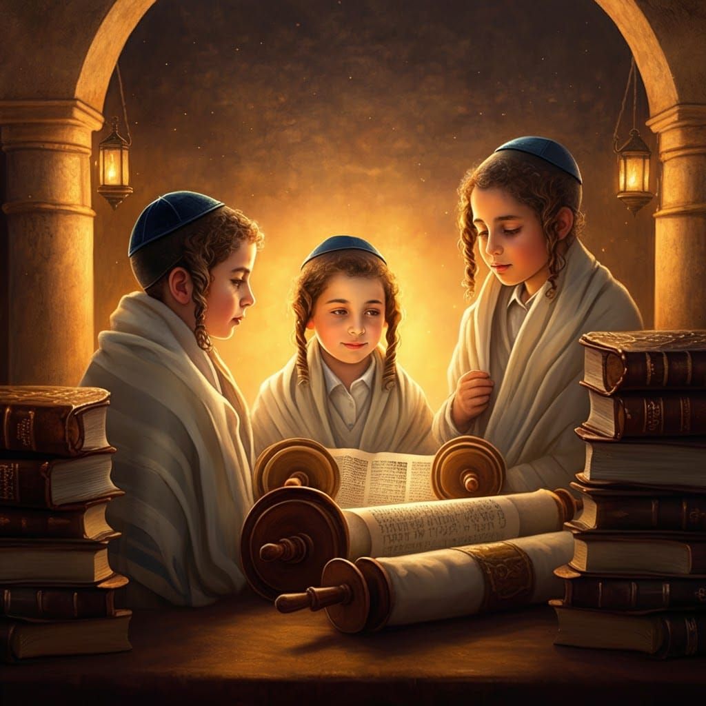 Charming Jewish Children Study Torah in Golden Light