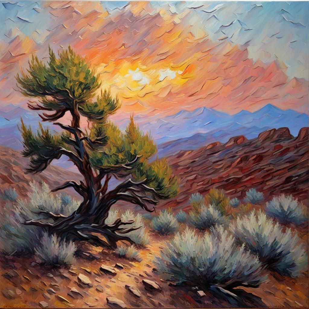 Juniper Forest, Sagebrush, High Desert Chaparral, Sunset, Lightening and Rain, 3d impasto oil painting, 8k, by Claude Mo...