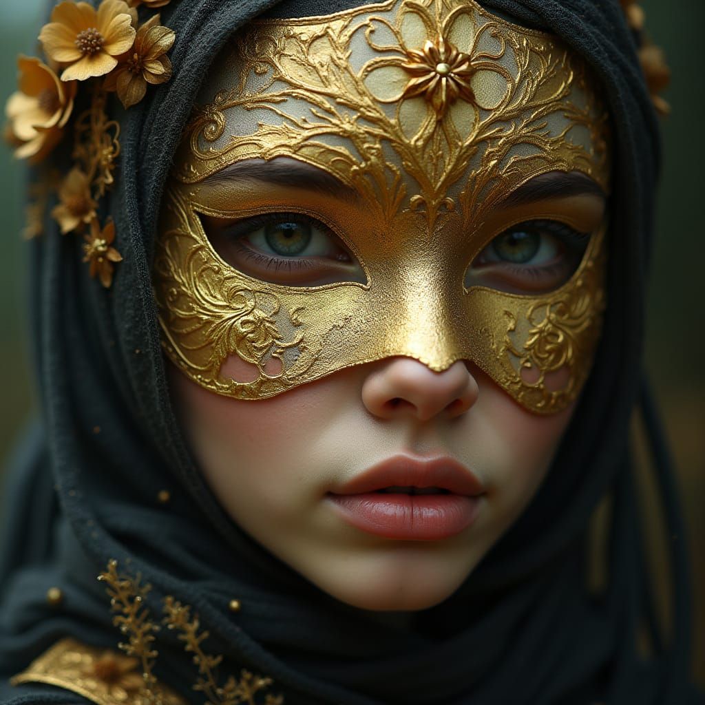 Mystical Golden Mask Adorned with Starlight and a Whispering...