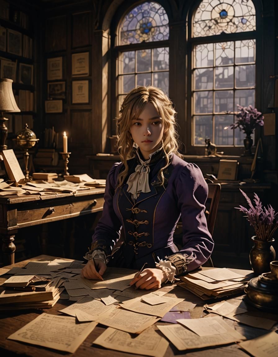 Violet Evergarden in Ornate Study: Cinematic Film Still
