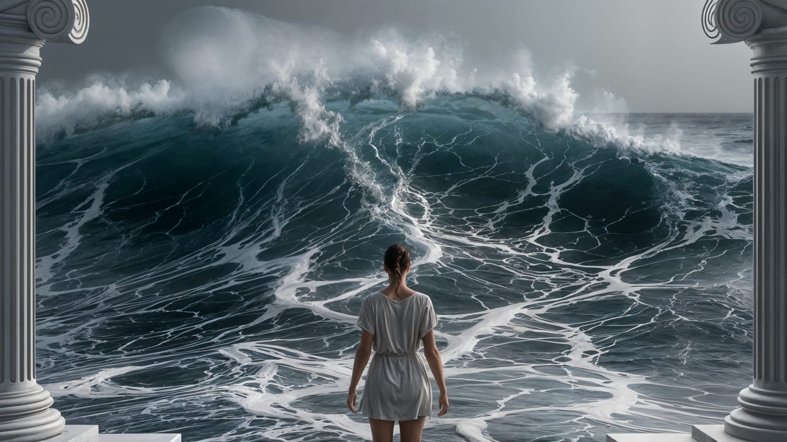 Woman in White Tunic Faces Chaotic Ocean Waves