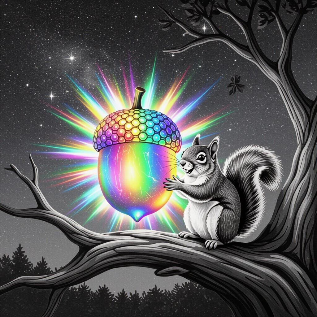 Squirrel Embraces Iridescent Acorn in Starry Grayscale