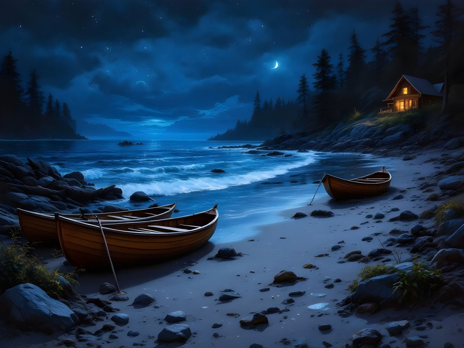 Bioluminescent Beach at Night: Oil on Canvas