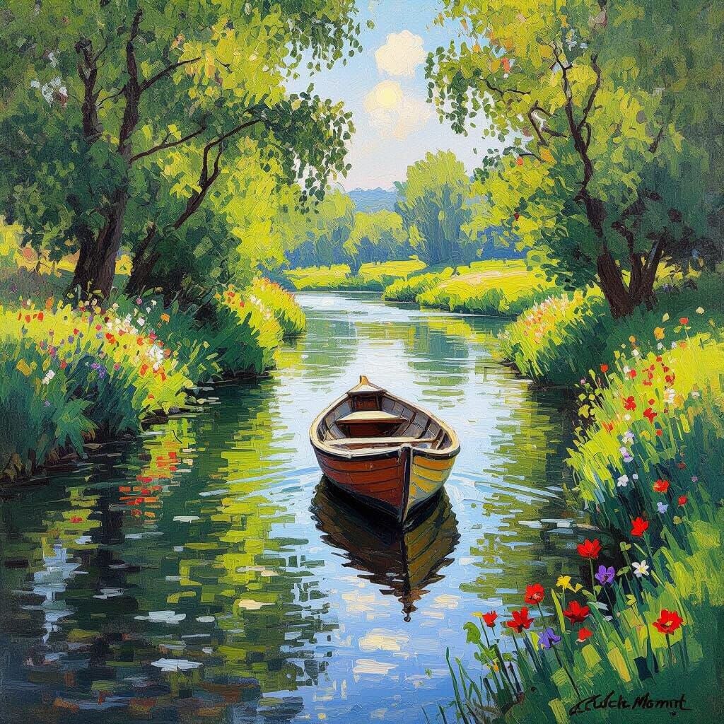 Monet-Style Acrylic Painting of a Serene River Scene