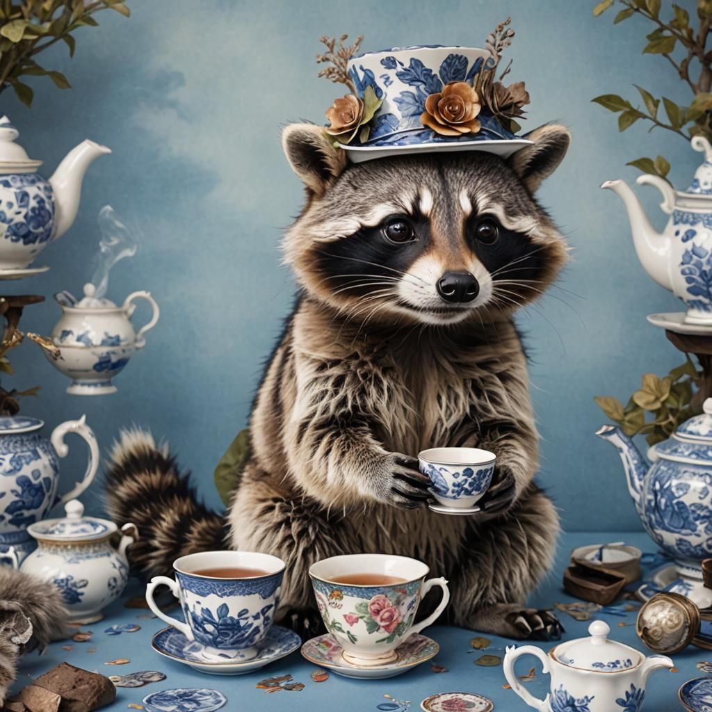 Raccoon with Teacup Hat: Hyperrealistic Image