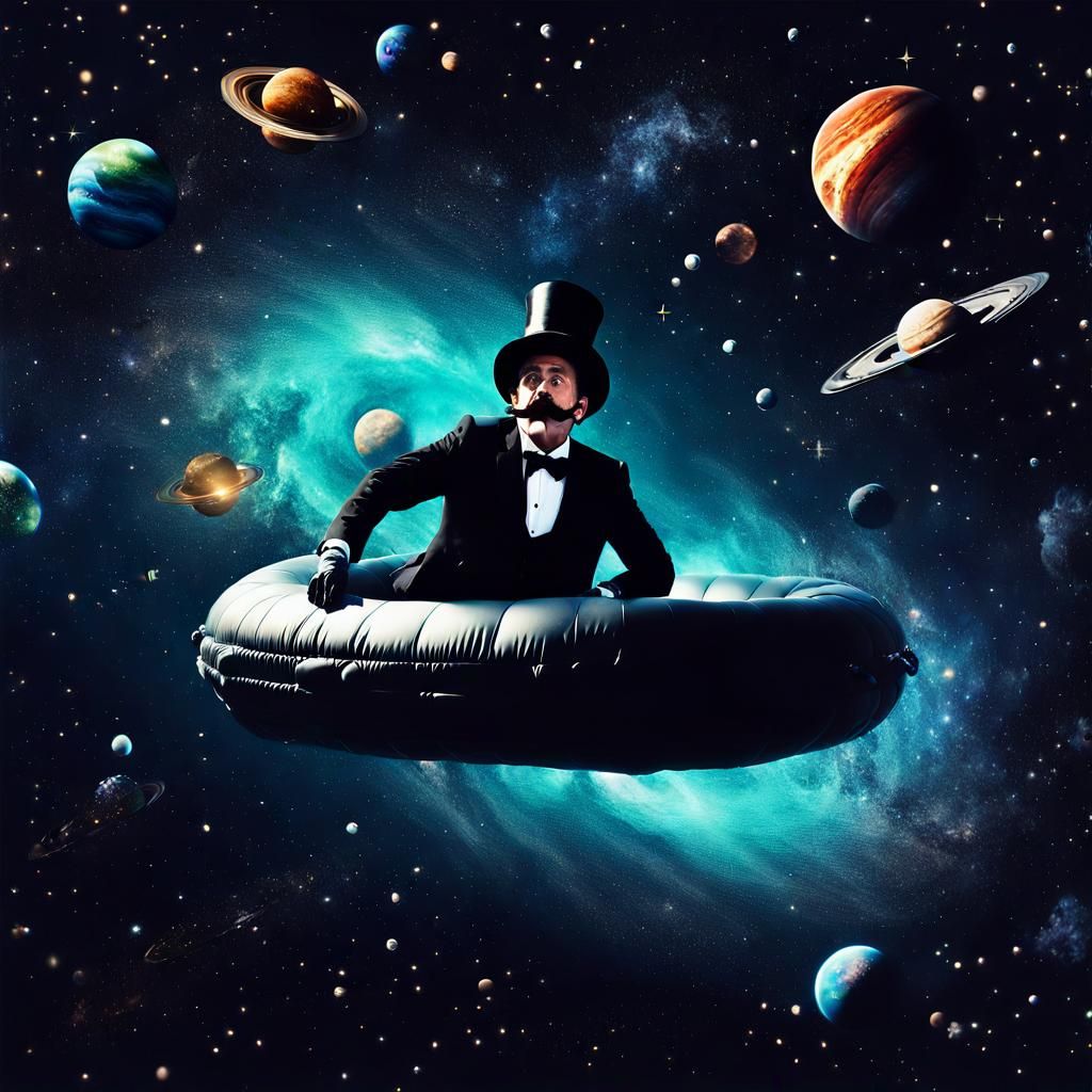 Sinister Space Traveler on Raft Near Black Hole