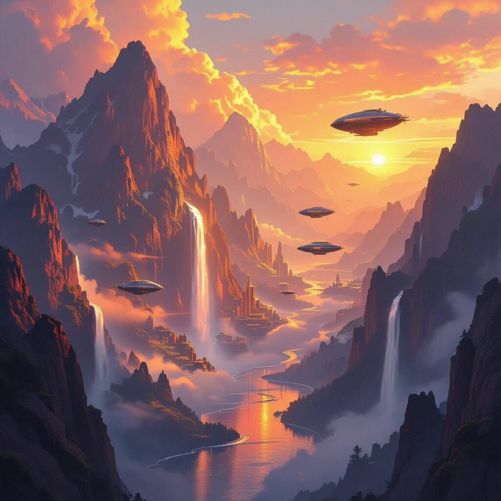 Futuristic Mountain City at Dawn with Airships and Waterfall...