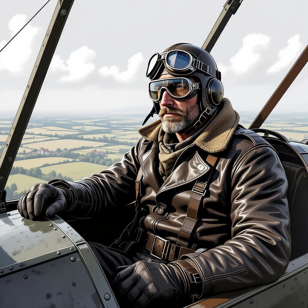 WWI Pilot in Sopwith Camel: Pencil Sketch