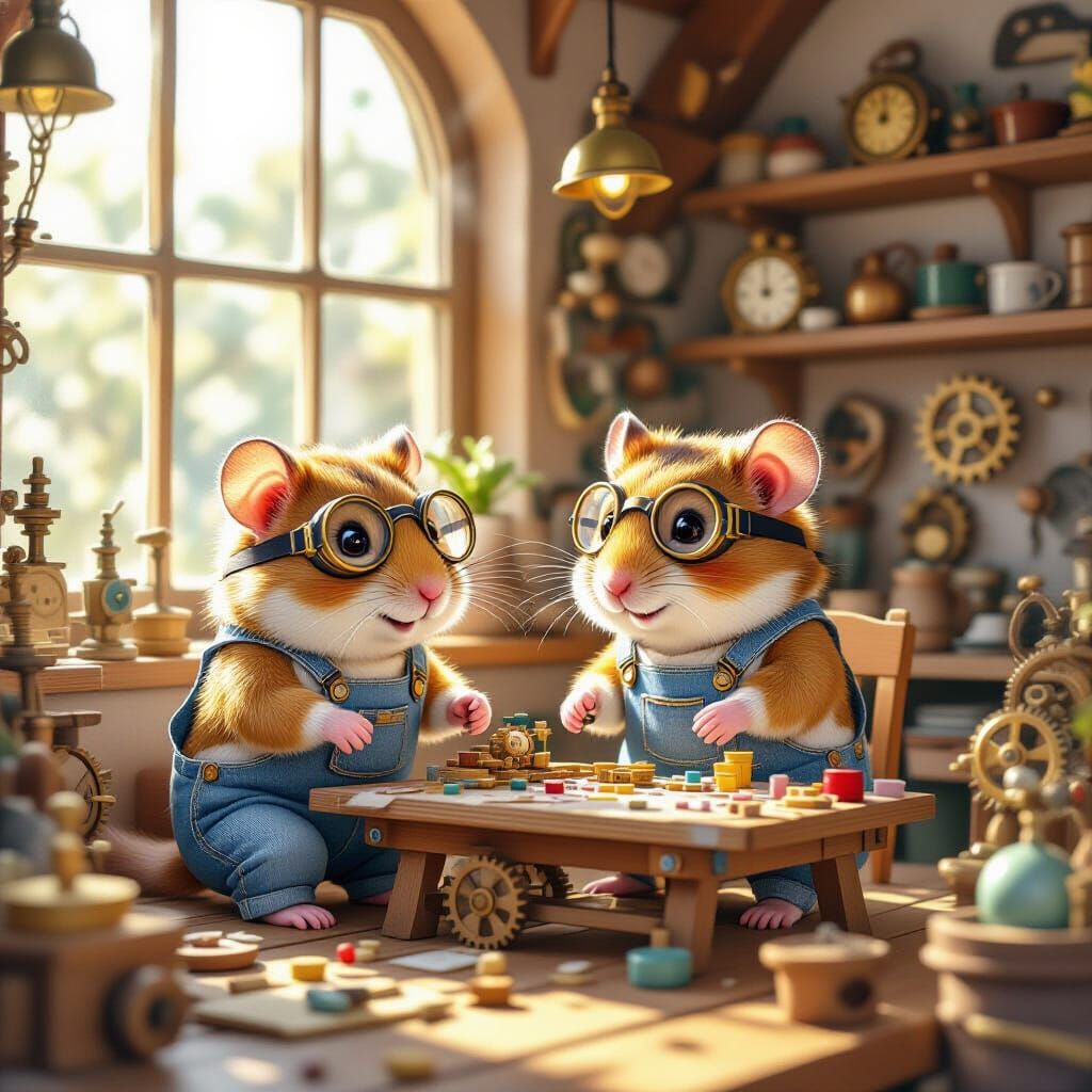 Clockwork Toy Shop Run by Hamsters in Watercolor Style