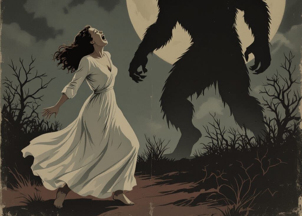 1950s Horror Poster: Woman Screams at Werewolf Monster