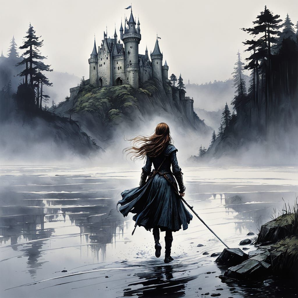 Woman Walks to Castle in Storybook Style