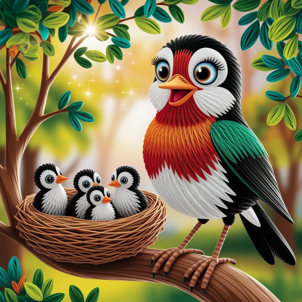 Proud Robin with Hatchlings in Quilling Art Style
