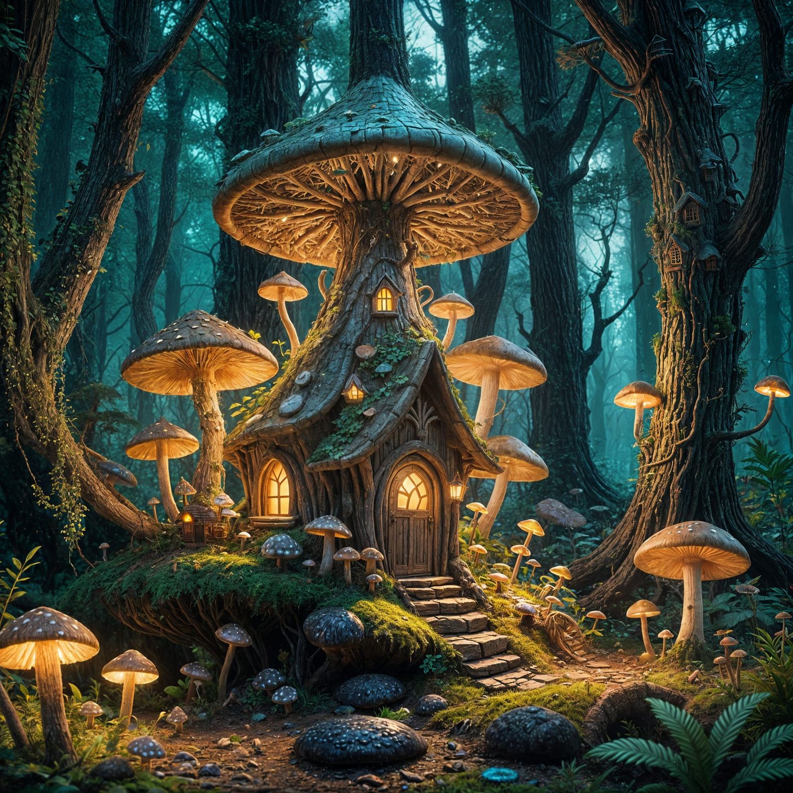 Fantastical Mushroom House in Bioluminescent Forest