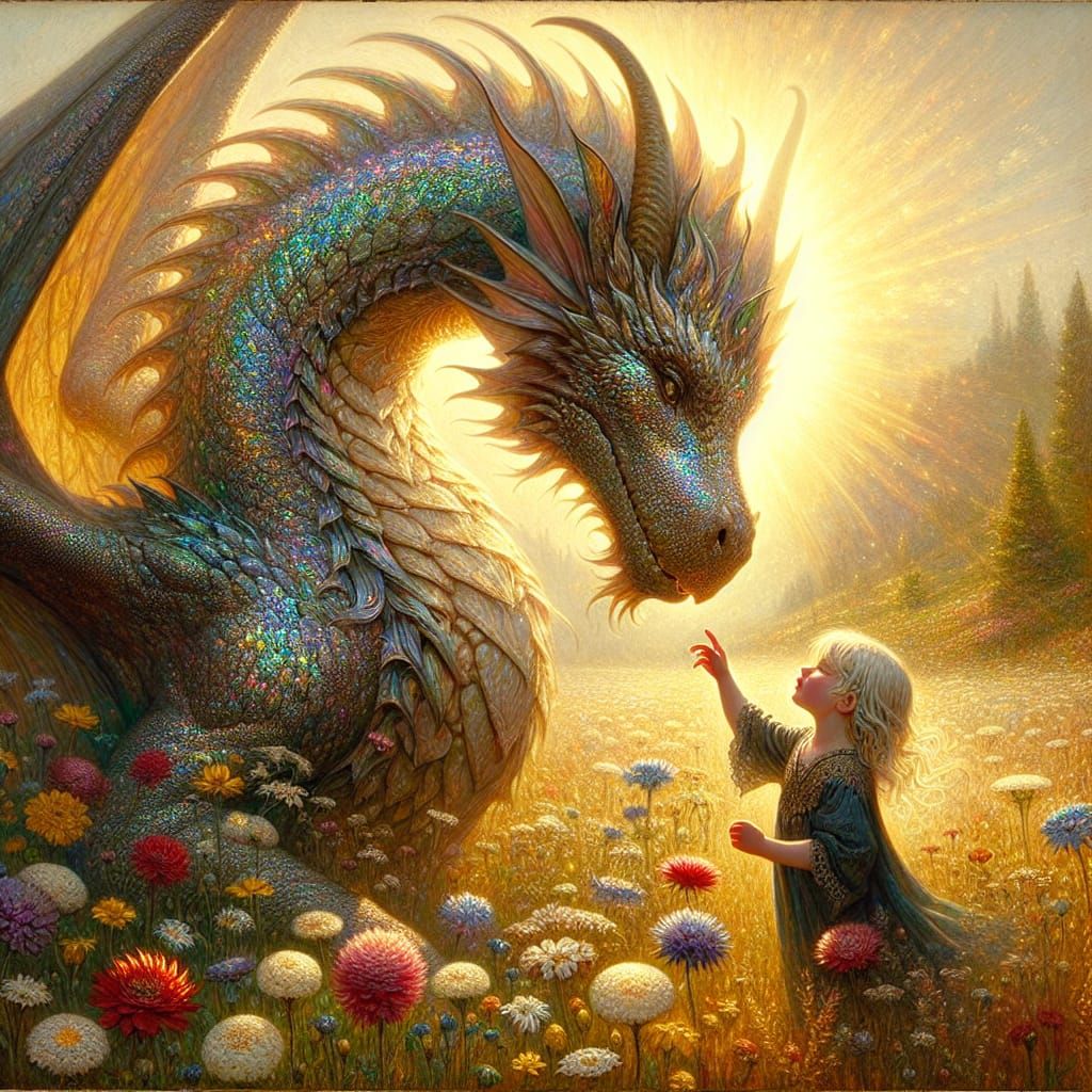 Dragon and Child in Sunlit Meadow, Romantic Style