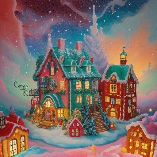 Surreal Christmas Wonderland in Whimsical Gouache Style