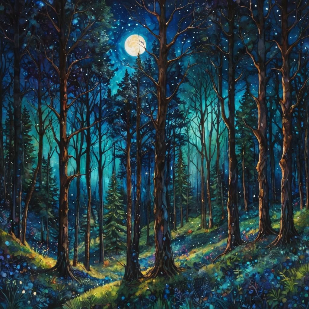 Vibrant Alcohol Ink Forest Under Starry Sky