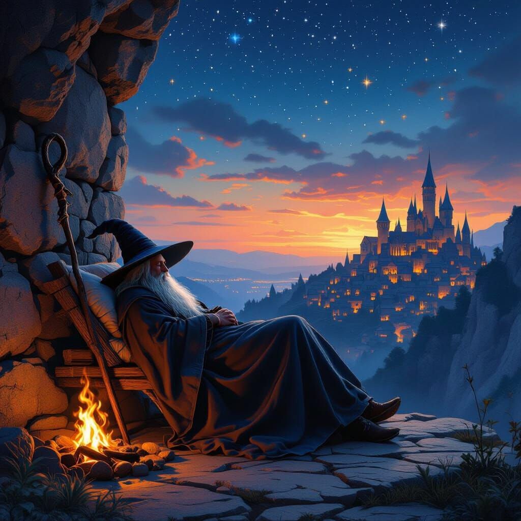 Wizard Sleeping Under Starry Night Sky