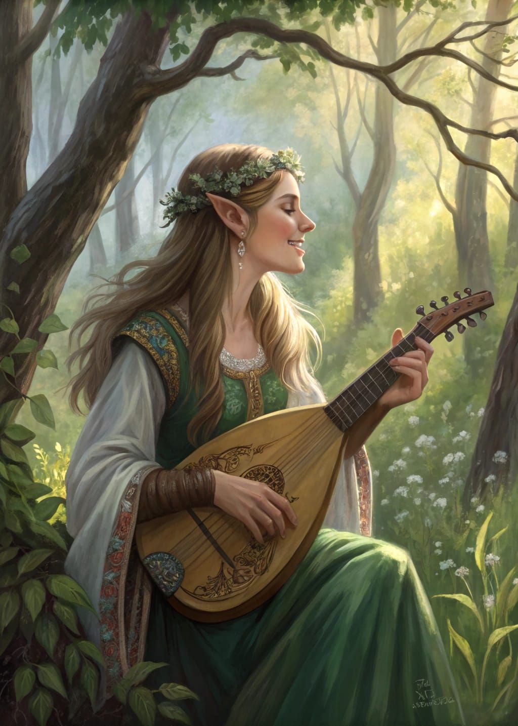 Forest Elf Plays Lute in Impressionist Style