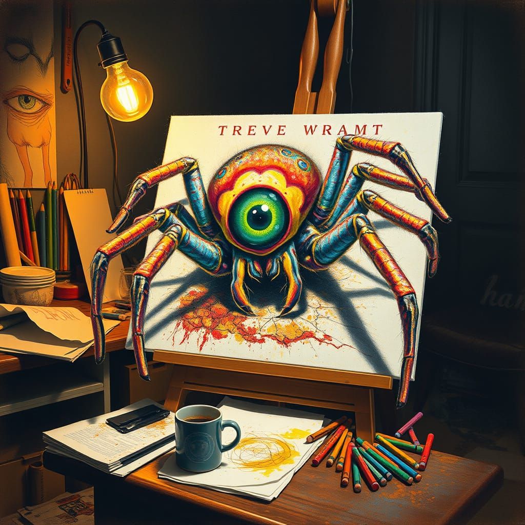 Grotesque Oil Pastel Eyeball Spider on Easel in Cozy Studio