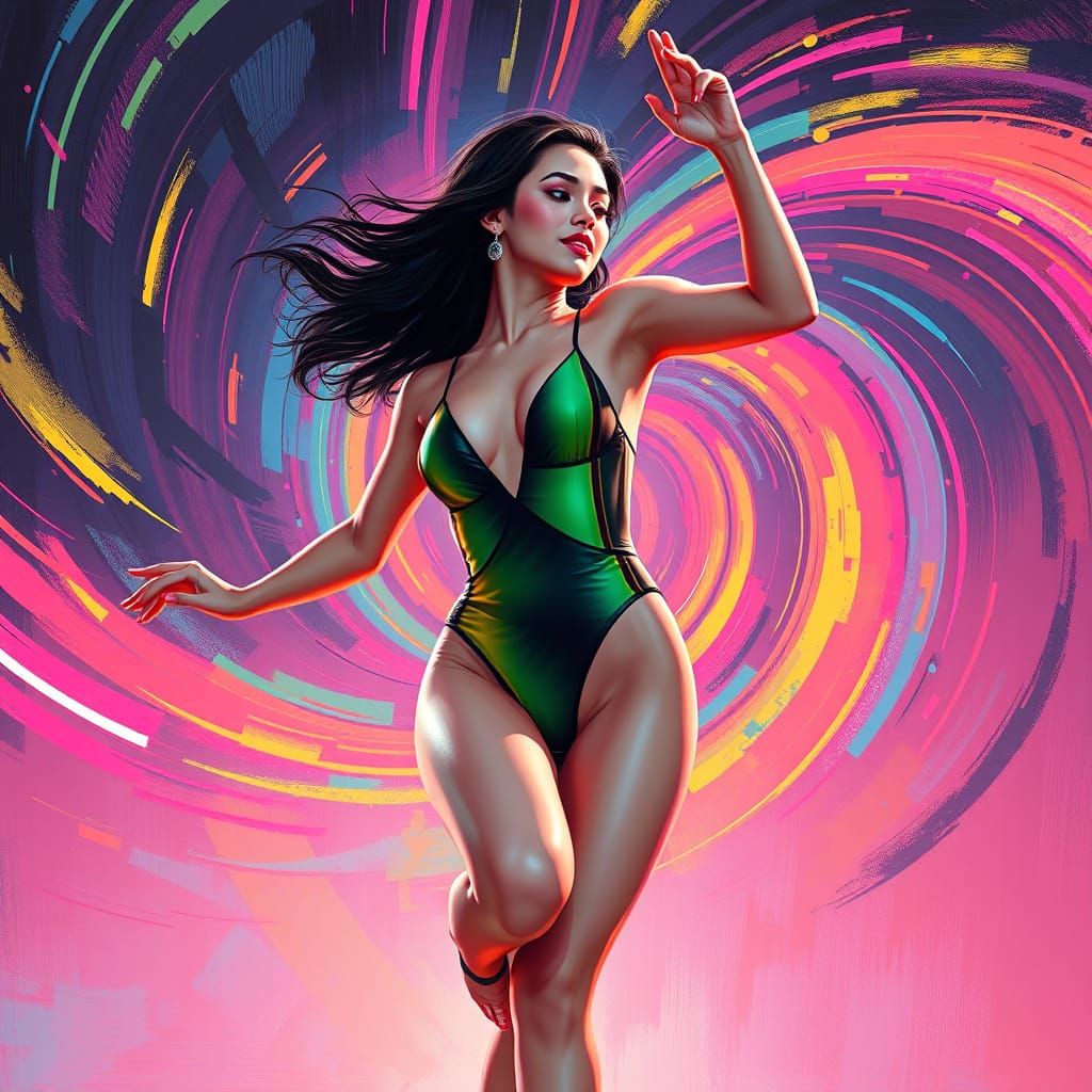 Ecstatic Asian Woman Dancing in Cyberwave Style