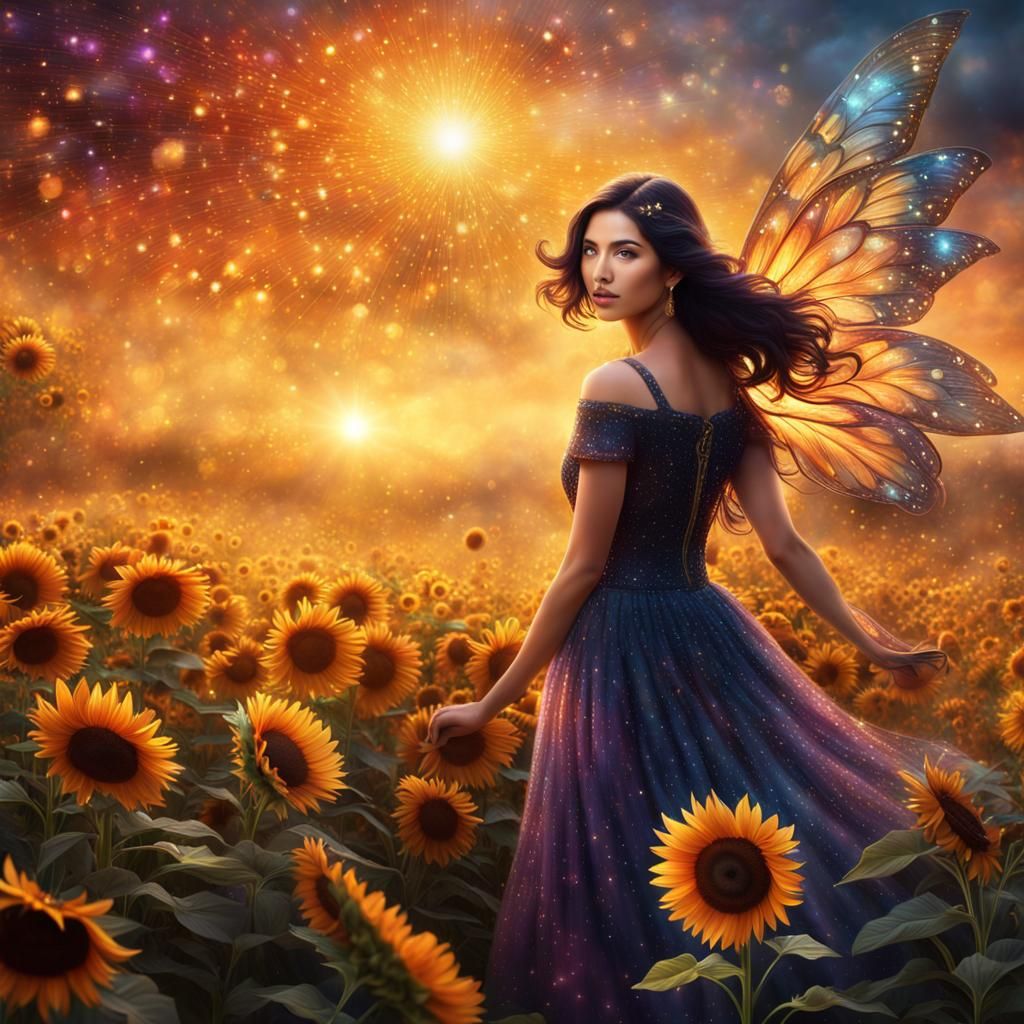 Fairy in Sunflower Field at Sunrise: Digital Painting