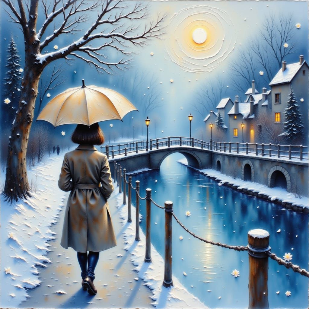 Woman with Umbrella in Dreamy Winter Landscape