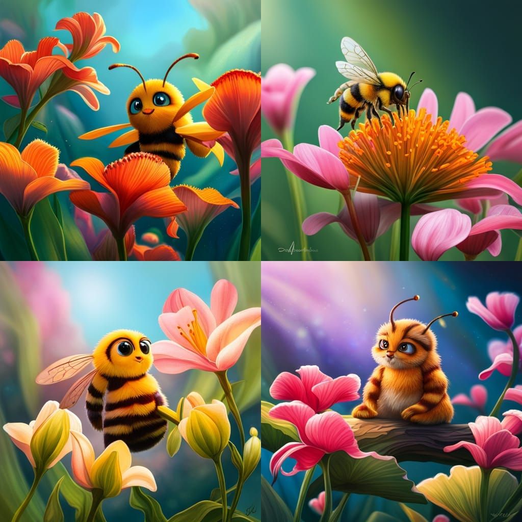 Adorable Plush Bee on Tiger Lilies, Hyperrealistic Art