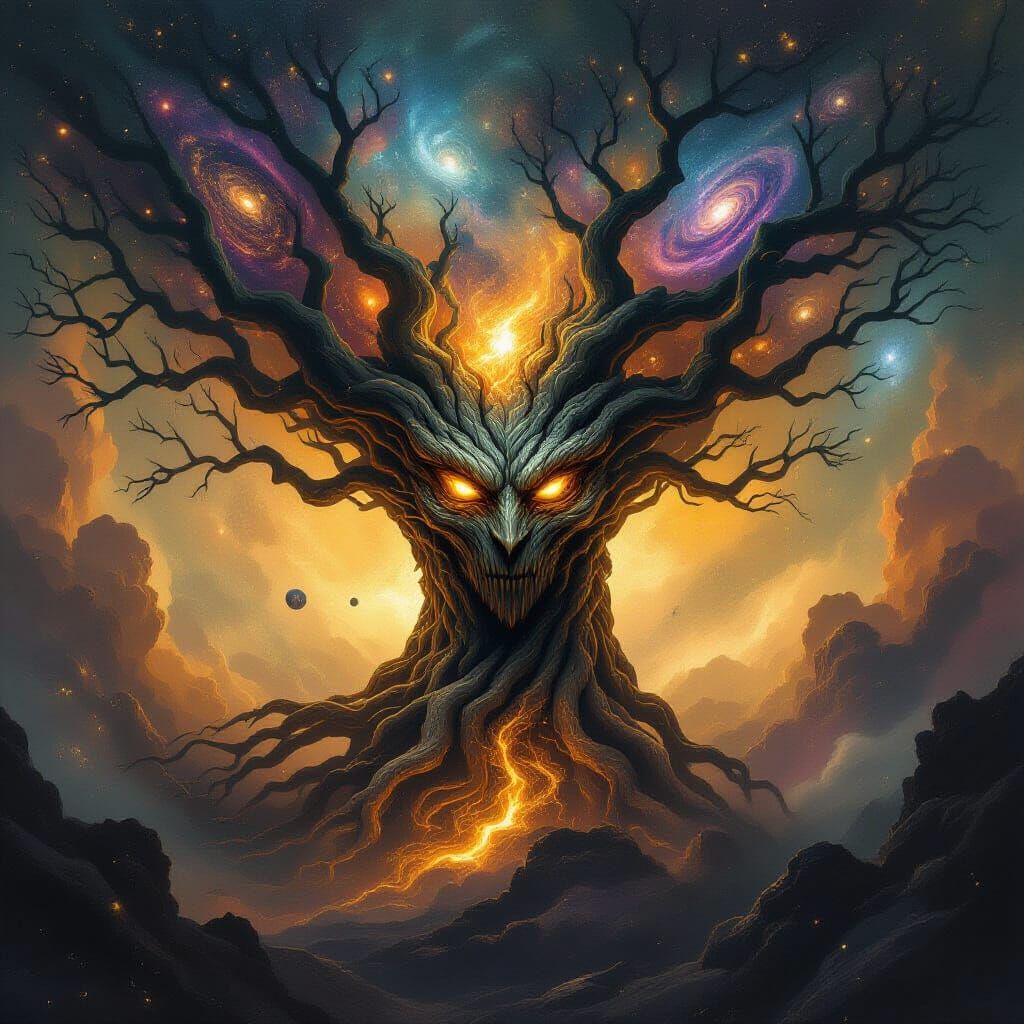 Ancient Tree Spirit in Cosmic Nebula