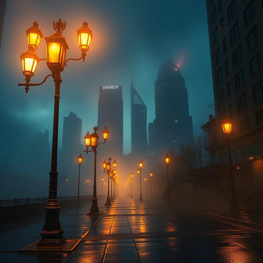 Ethereal Cityscape at Dusk in Chiaroscuro Style
