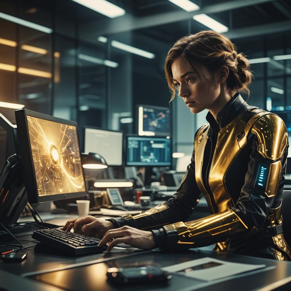 Futuristic Office Scene with Golden Cinematic Lighting