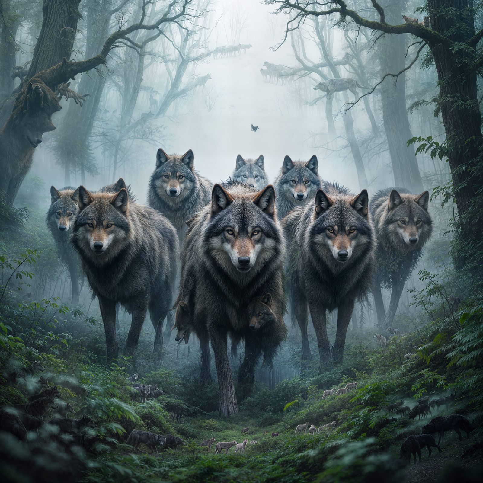 Wild Wolves in Misty Forest